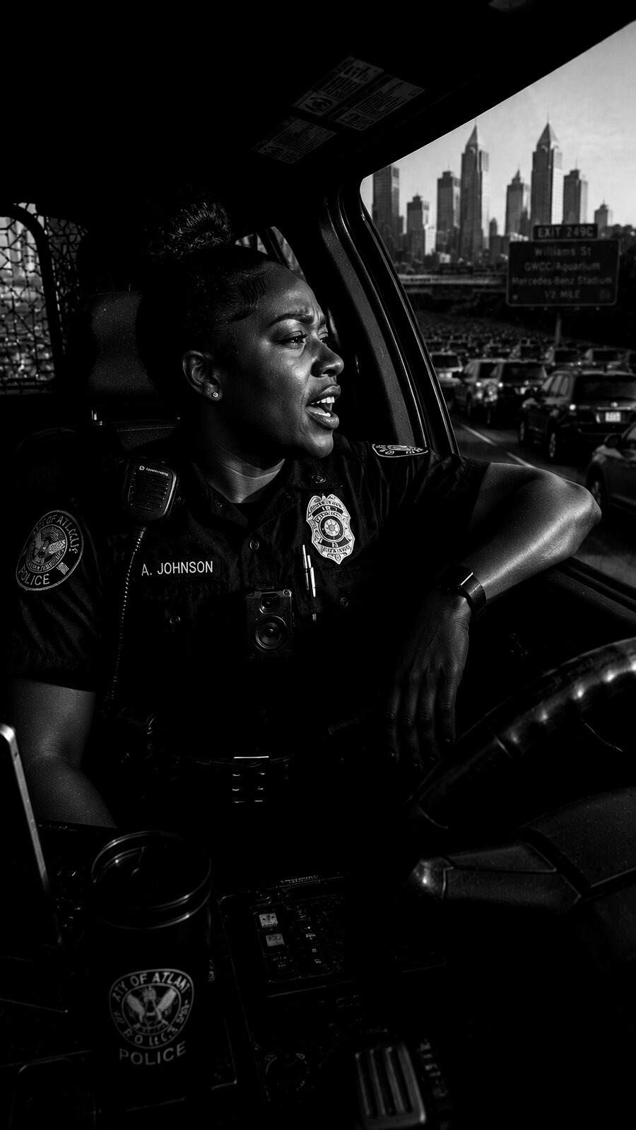 Atlanta Police Department officer sitting in her patrol car in traffic