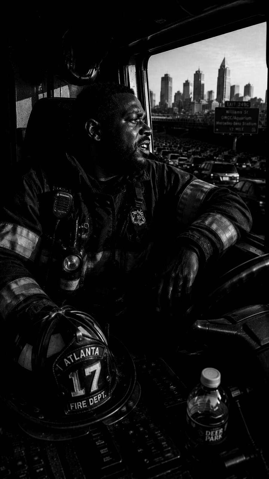 Atlanta firefighter in the cab of Engine 17 stuck in traffic