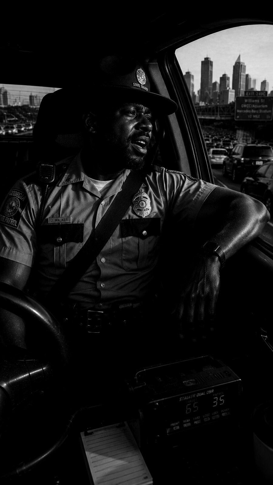 Georgia State Trooper sitting in his patrol vehicle in Atlanta traffic